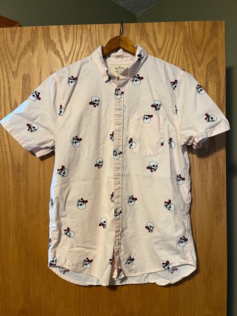 Hollister Light Pink Short-Sleeve Button-Down with Skull Print